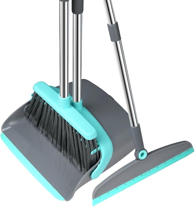 Michao Upgrade Broom and Dustpan Set, Silicone Broom,Long Handle Broom with Upright Standing Dustpan, Squeegee - Broom for Indoor Cleaning 2+1,for Indoor Outdoor,Smooth Floors, Rugs (Green-Grey)