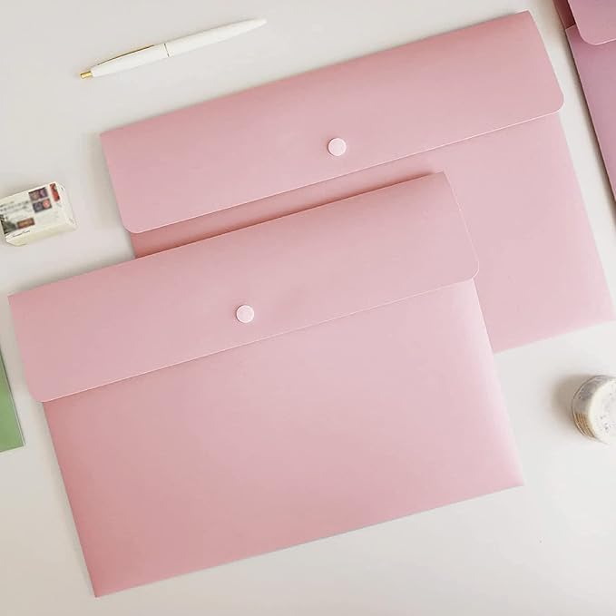 VANRA Poly File Folders Letter Size File Jackets Organizer Plastic Envelope A4 Flat Document Holder with Snap Button Closure (Pastel Pink, Pack of 5)