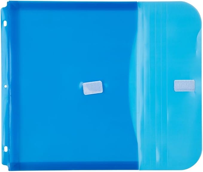JAM PAPER Plastic 3 Hole Punch Binder Envelopes with Hook & Loop Closure - Letter Booklet - 9 1/2 x 11 1/2 with 1 Inch Expansion - Blue - 3/Pack