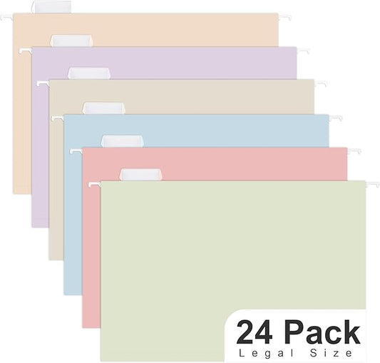 Y YOMA Legal Size - 24 Pack Colored Hanging File Folders Decorative Hanging Folder Cute Pretty File Folder for Filing Cabinet Office Home with 1/5-Cut Adjustable Tabs, Soft Color