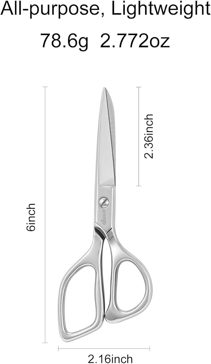 LIVINGO Small Fabric Sewing Scissors - 6" Professional Tailor Stainless Steel Ultra Sharp Metal Forged Shears, Crafting Scissors for Cloth Felt Canvas, Multipurpose for Dressmakers
