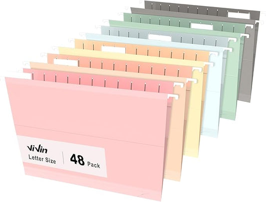 ViVin Hanging File Folders, 1/5-Cut Adjustable Tabs with 48 Per Box, 1 Inch Expansion, 48 Pack Letter Size Hanging File Folders, Designed for Office Home School Filing Cabinet(Assorted)