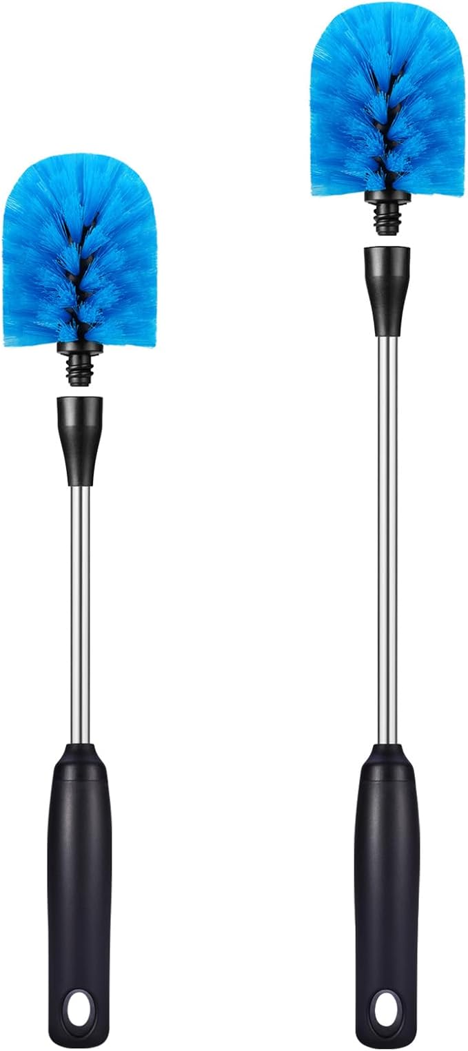 MOSOLAN Stainless Steel Bottle Brush with Replaceable Head, Long Handle Scrub Brush for Water Bottles, Glasswares, Mugs, Flasks, Tumblers, Vases, and Kitchen Sink, 2 Pack, 13 in - 15 in