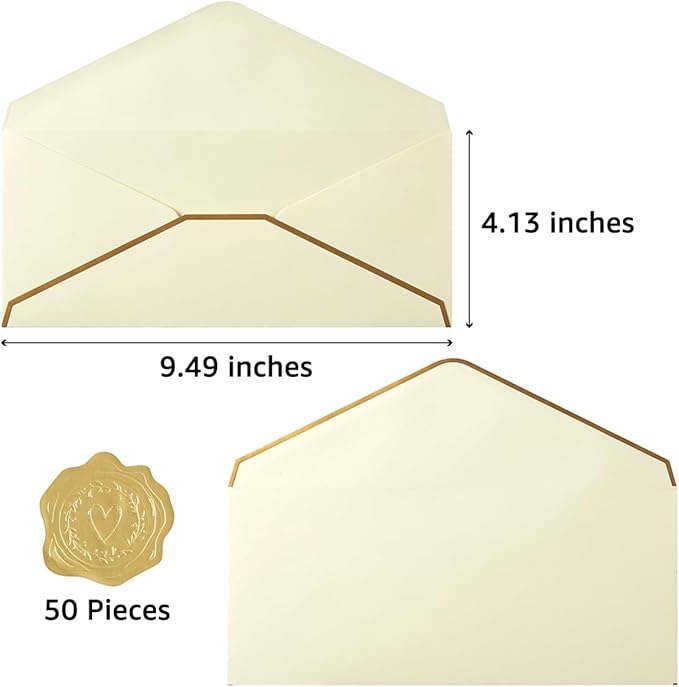 50 Pack #10 Business Envelopes with Gold Border, Self Seal Standard Envelopes with Gold Stickers for Office, Checks, Letter Mailing, Invoices, 4 1/8 x 9 1/2 Inches (Cream Color)