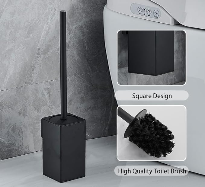 LSWYYP Toilet Bowl Brush Holder Square,Stainless Steel Square Wall Mounted Toilet Brush with Lid,Cleaning Toilet Brush Set for Bathroom,Black