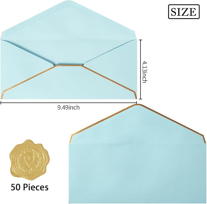 50 Pack #10 Business Envelopes with Gold Border, Self Seal Standard Envelopes with Gold Stickers for Office, Checks, Letter Mailing, Invoices, 4 1/8 x 9 1/2 Inches (Light Blue)