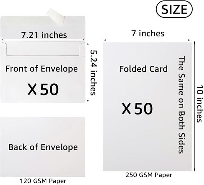 Wishop 50 Pack Self-Adhesive Envelopes with Fold Cards for Wedding Invitations, Greeting Cards, Baby Shower, Letter Mailing (White, 5x7)