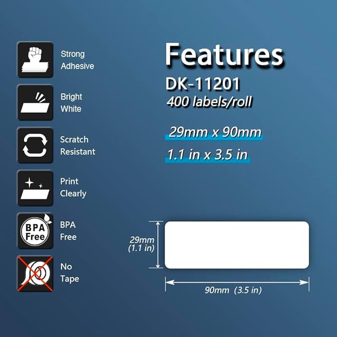 BETCKEY - Compatible Address Labels Replacement for Brother DK-1201 (1.1 in x 3.5 in), Use with Brother QL Label Printers [6 Rolls/2400 Labels]