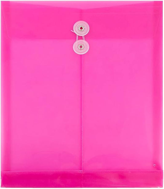 JAM PAPER Plastic Envelopes with Button & String Tie Closure - Letter Open End - 9 3/4 x 11 3/4 - Bright Hot Pink - 12/Pack