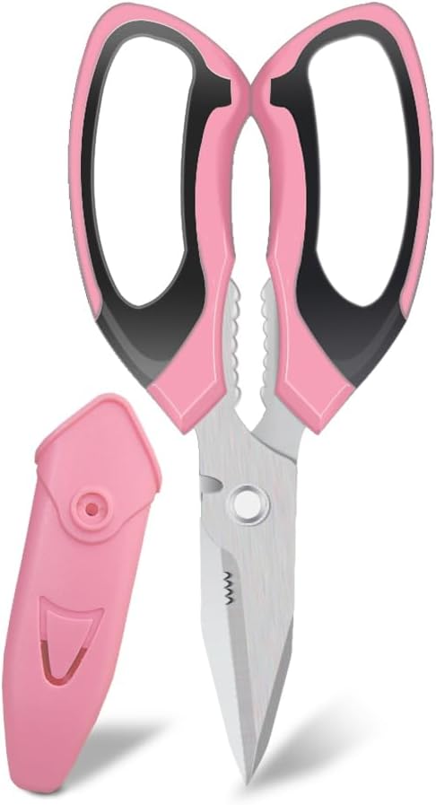 Heavy Duty 8'' Multipurpose Scissors with Protective Cover, Stainless Steel Serrated Blades, Easy Cutting Cardboard, Leather, Fabric, Wires (PINK)