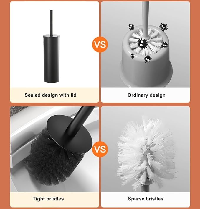 Toilet Brush and Holder Set KWQKEM Stainless Steel Toilet Bowl Cleaners Brush and Holder Free Standing with Lid Bathroom Accessories Brush Head Replaceable Stylish Modern Design (Matte Black)