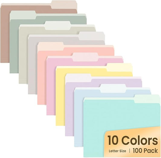 SUNEE File Folders, 100 Pack Manilla Folders 8.5 x 11, 10 Colors Folder Office Organization Home School Folders for Documents Files Paper