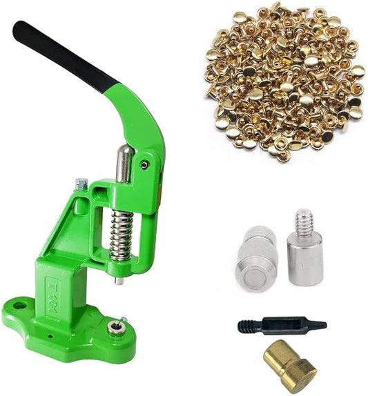 Hobby Trendy Hand Press with 1000 Sets of Iron 9mm Double Capped Rivets with Dies and Hole Punch(Green Press,Gold Rivets)