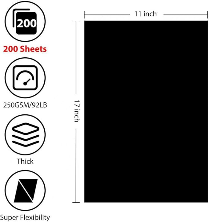 200 Sheets Black Cardstock 11” x 17”, 92lb/250gsm Card Stock, Thick Card Stock Paper, Heavy Cardstock Paper for Printer, Resume, Scrapbooks, Art, Crafts, Business Cards