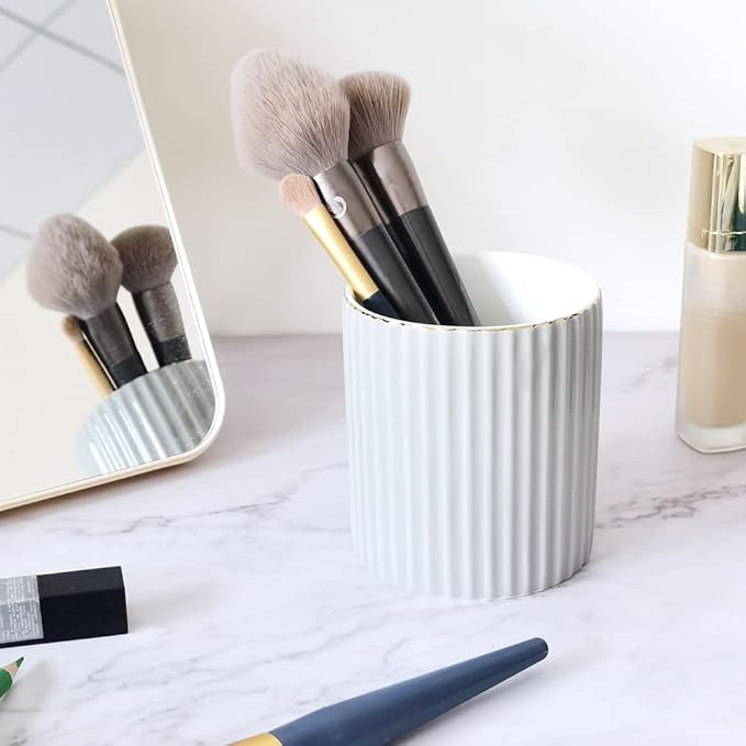 Pen Holder for Desk, Ceramic Pencil Cup Office Desk Organizer, Makeup Brush Holder, Light Gray