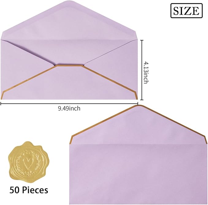 50 Pack #10 Business Envelopes with Gold Border, Self Seal Standard Envelopes with Gold Stickers for Office, Checks, Letter Mailing, Invoices, 4 1/8 x 9 1/2 Inches (Light Purple)