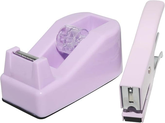 QILIMA Desktop Cute Office Tape Dispenser & Stapler Set - Mini Stapling Tool for One Hand Operation,Purple