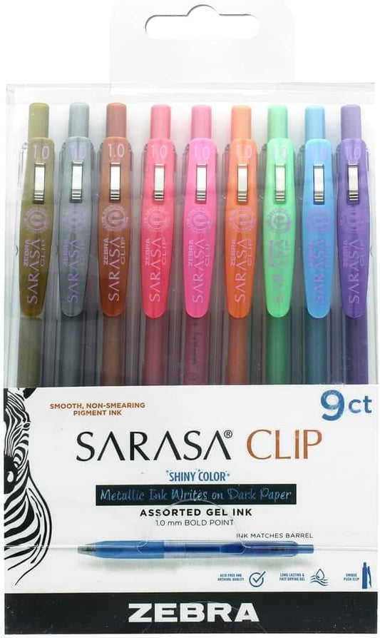 Zebra Pen Sarasa Clip Retractable Gel Pen, Bold Point, 1.0mm, Shiny Assorted Colors, 9-Pack