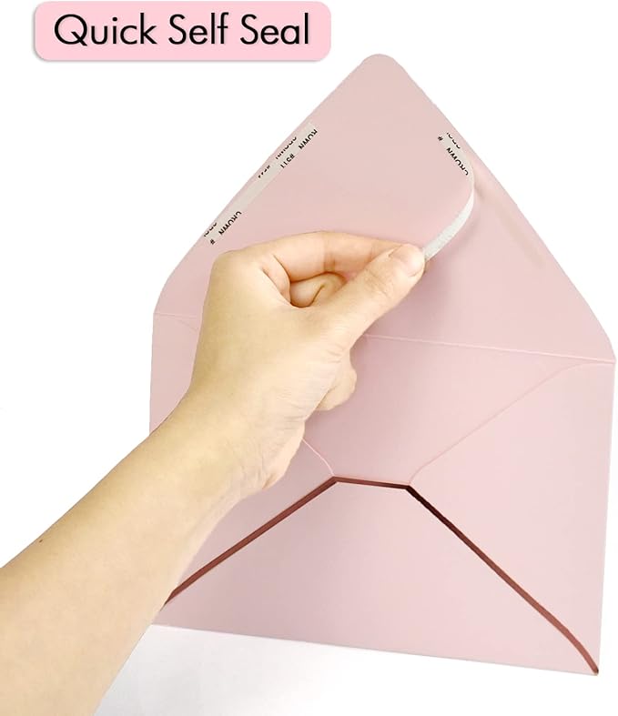 A7 Pink Envelopes 50 Pack With Rose Gold Border Christmas Envelopes Quick Self Seal, For 5x7 Cards| Perfect for Weddings, Invitations, Photos, Graduation, Baby Shower (Pink-rose golden border)