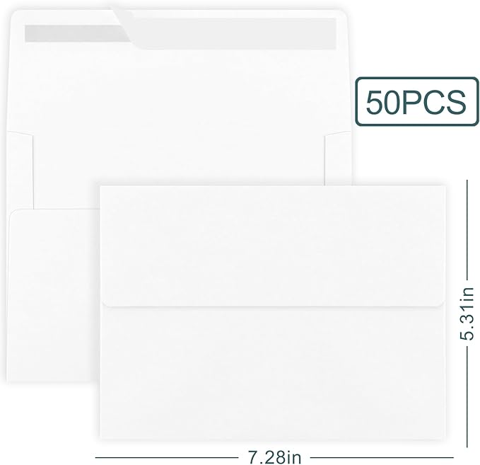 50 Pack 5x7 Envelopes, A7 White Envelopes Self Seal, Printable Envelopes for Invitation, Baby Shower, Birthday Party, Wedding, Postcards, Mailing, Greeting Cards