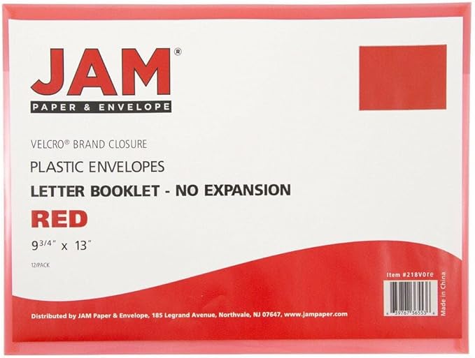 JAM PAPER Plastic Envelopes with Hook & Loop Closure - Legal Booklet - 9 3/4 x 14 1/2 - Red - 3/Pack