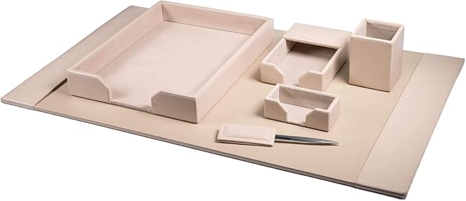 Dacasso Bonded Set Luxury Leather Desk Pad & Desk Organization Essentials, 6 Piece, White Latte