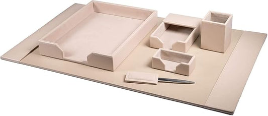 Dacasso Bonded Set Luxury Leather Desk Pad & Desk Organization Essentials, 6 Piece, White Latte