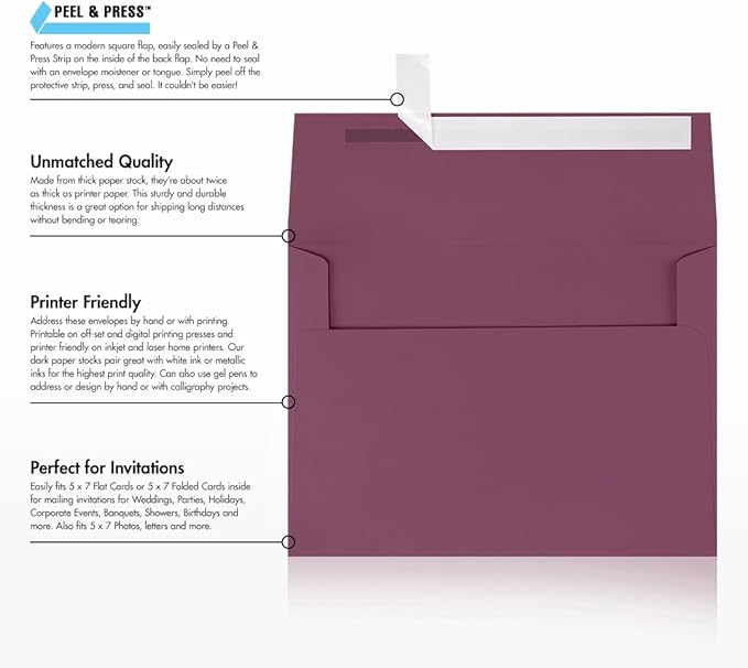 LUXPaper A7 Invitation Envelopes | Peel & Press | 5 1/4" x 7 1/4" | Vintage Plum | 80lb. Text | 50 Qty