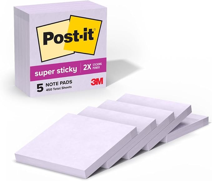 Post-it Super Sticky Notes, 5 Sticky Note Pads, 3 x 3 in., School Supplies, Office Products, Sticky Notes for Vertical Surfaces, Monitors, Walls and Windows, Orchid Frost Lavender