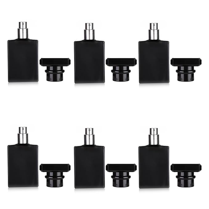 6 Pack 30ml / 1 Oz Black Assorted Refillable Perfume Bottle, Portable Square Empty Glass Perfume Atomizer Bottle Spray Applicator with 4 kinds of perfume dispenser(6 Pack 30ml / 1.01 oz. Black )