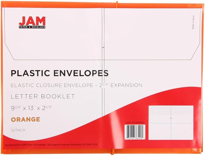 JAM PAPER Plastic Expansion Envelopes with Elastic Band Closure - Letter Booklet - 9 3/4 x 13 with 2.5 Inch Expansion - Orange - 3/Pack