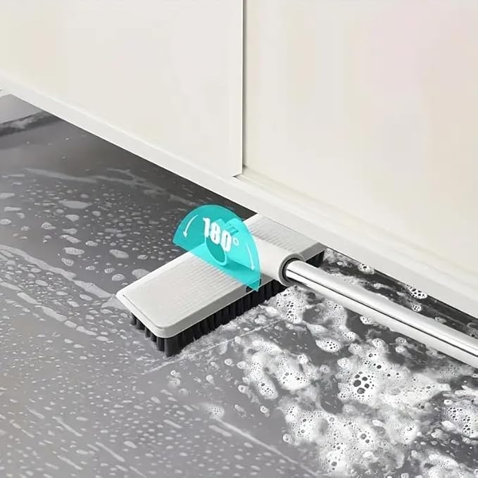 4-in-1 Broom and Dustpan Set with Floor Brush, White Stainless Steel Long Handle, Upright Standing Design for Home Office Kitchen, Squeegee Cleaning Tools Combo