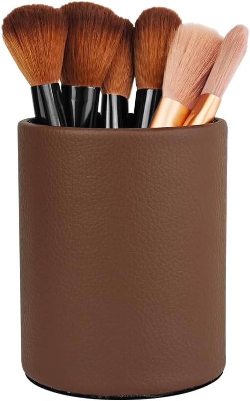 Pen Holder for Desk Pencil Organizer Cute Cup Holders Aesthetic (Brown, 3.94" x3.15" x3.15")