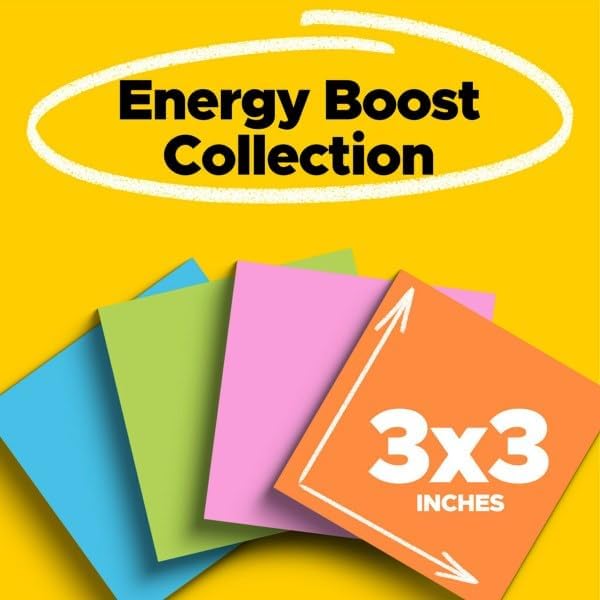 Post-it Super Sticky Notes, 24 Sticky Note Pads, 3 x 3 in., School Supplies, Office Products, Sticky Notes for Vertical Surfaces, Monitors, Walls and Windows, Energy Boost Collection