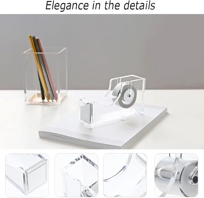 Desk Organizers and Accessories 7Pcs Set with 360-Degree Rotating Pen Holder, Acrylic Stapler, Tape Holder, Staple Remover, Binder/Paper Clips Kit, Scissor and 1 Box of Staples (Silver)