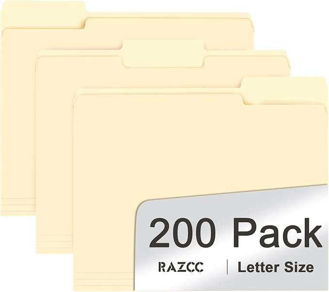 File Folder, RAZCC 200 Pack 1/3 Cut Tab File Folders Letter Size, Manila Folders, Folders with Tab, Great for Organizing and Easy File Storage