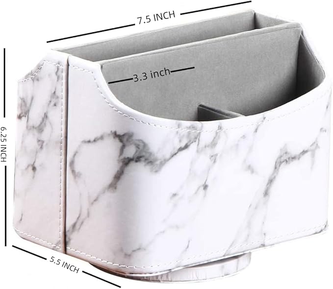 PU Leather Remote Control Holder,360 Degree Spinning Desk TV Remote Caddy,Desk Organizers and Accessories,for Controller,Media,Mail,Calculator,Mobile Phone,Pen Storage Holder(White Marble)