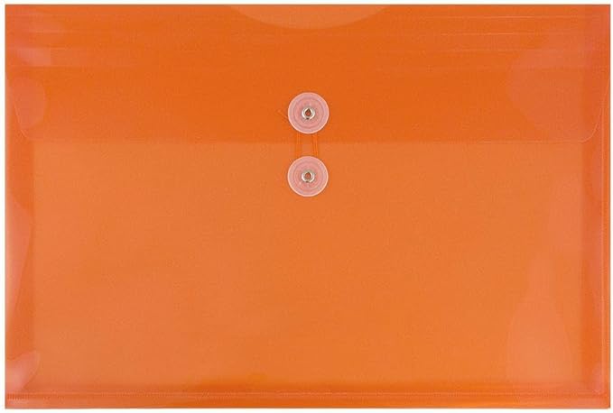 JAM PAPER Plastic Envelopes with Button & String Tie Closure - Legal Booklet - 9 3/4 x 14 1/2 - Orange - 3/Pack