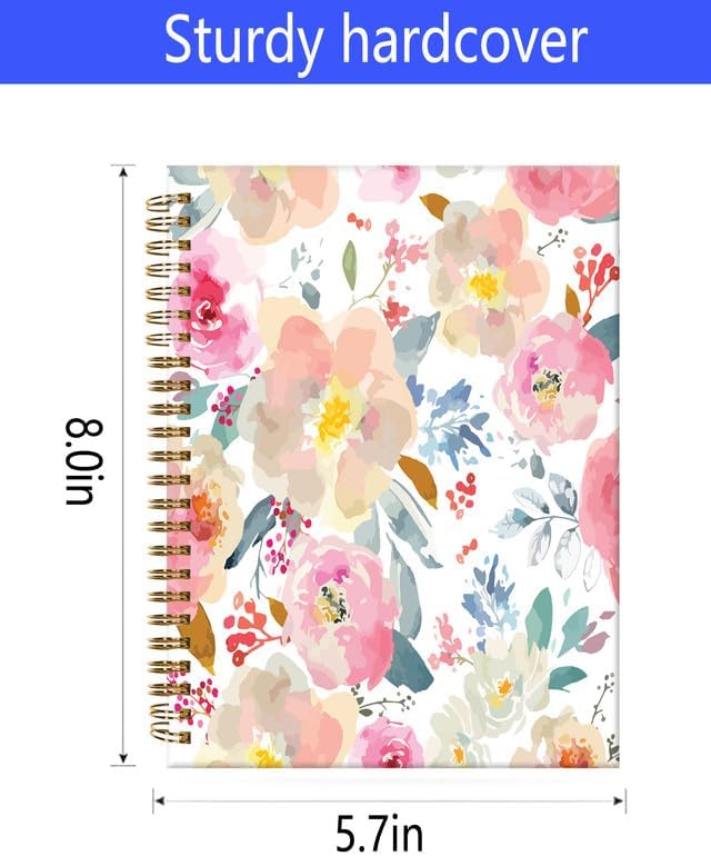 Spiral Journal Notebook,A5 Hardcover Lined Journals for Women Girl 6 x 8.3 in,120 Pages Thick Paper,Cute College Ruled Writing Notebook for Gifts Office Work School(Watercolor Romantic Flowers)