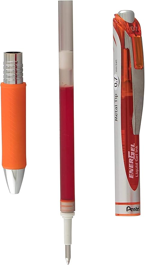Pentel Refill Ink For EnerGel and Lancelot Gel Pen, (0.7mm) Metal Tip, Orange Ink, Pack of 12 (LR7-F)