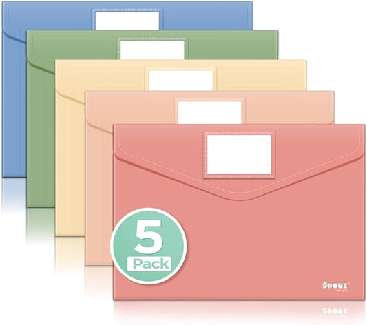 Sooez 5 Pack Plastic Envelopes, Plastic File Folder, Folders for Documents Retro Colors, Super Heavyweight Document Holder, Storage Pouches, File Envelopes for School Office Supplies