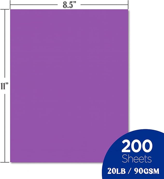 Veritas Colored Copy Paper, Purple Paper,Colored Printer Paper 8.5” x 11” Letter Size, 20 lb / 75 GSM, Purple, 200 Sheets, For Copy, Printer, Multi-Purpose, Made in USA