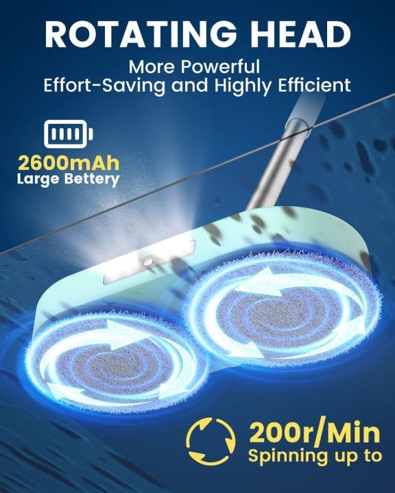 Cordless Electric Mop,Dual-Motor Powerful Spin Mop with Led Headlight&Water Spray,2600mAh Battery Rechargeable Floor Scrubber with 350ml Water Tank for Floor Cleaning