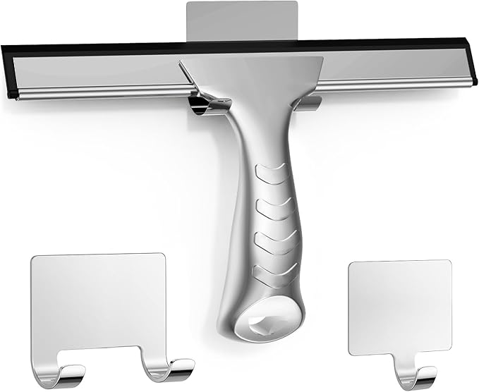 All-Purpose Stainless Steel Shower Squeegee for Glass Doors with 2 Adhesive Hooks, Squeegee for Bathroom Cleaner Tool Household Window Mirror Squeegee, Cleaning Tile Wall, Car, 10 Inch Silver