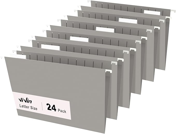 ViVin Hanging File Folders, 1/5-Cut Adjustable Tabs with 24 Per Box, 1 Inch Expansion, 24 Pack Letter Size Hanging File Folders, Designed for Office Home School Filing Cabinet(Gray)