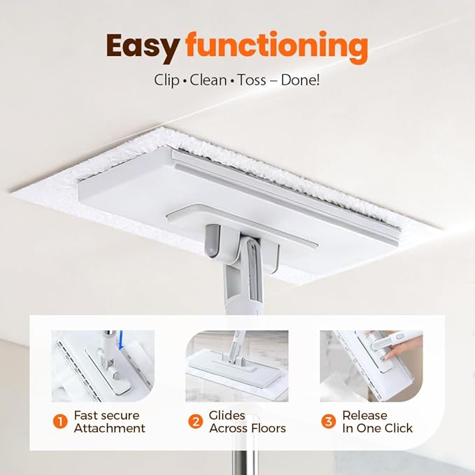 Snap Grip Mini Mop,Mini Sweeper Mop No-Touch Dirty Cleaning Flat Dust Mop for Dry Wet Disposable Pads,Corners Wall Multi Surface Cleaning (White 10.2x48.4 inch)