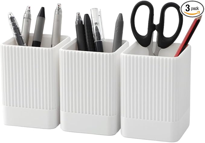 3 Pack Aesthetic Pen Holder for Desk-Sturdy Plastic Pencil Holder - Stylish Makeup Brushes Cup for Women Girls - Cute and Functional Desk Organizer for Office Supplies - Modern Office Decor Pen Cup