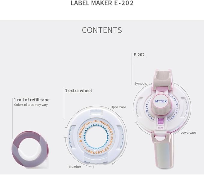 Motex Embossing Label Maker, Labeling Tool, Old School Label Maker, for Manual Label Embossing- E-202, (2 Wheels &1 Refill Tape Included, Ready to use) (Light Pink)