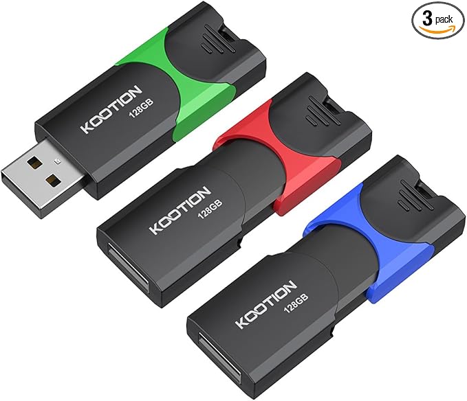 KOOTION 128GB Flash Drive 3 Pack USB Flash Drives Multicolor USB Drive Retractable Thumb Drive USB 2.0 Flash Drive Zip Drives High Speed Jump Drives with LED Indicator - 3Pack (Red, Green, Blue)