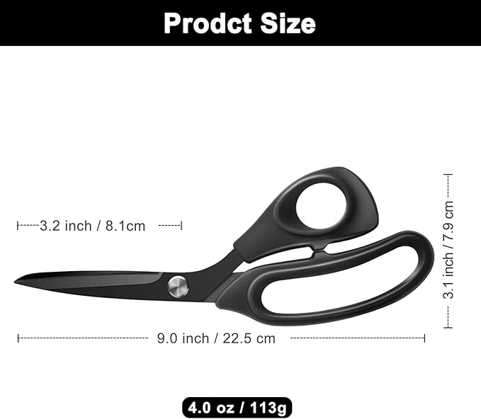 9 inch Black Office Scissors All Purpose, Sewing Scissors for Fabric Cutting, Sharp Titanium Coated Blade, Comfort Grip Soft Handles for Diy Craft, Paper, Art, School, Home